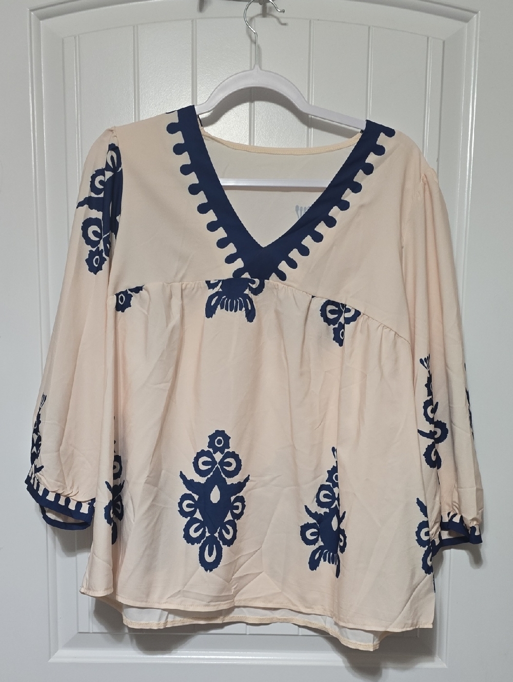 SHEIN Cream Peasant Blouse with Navy Embroidery